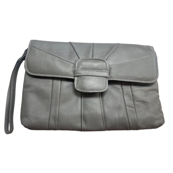 Gray Genuine Leather Clutch Wristlet Purse With Snap Closure & Interior Zipper P - Picture 1 of 7